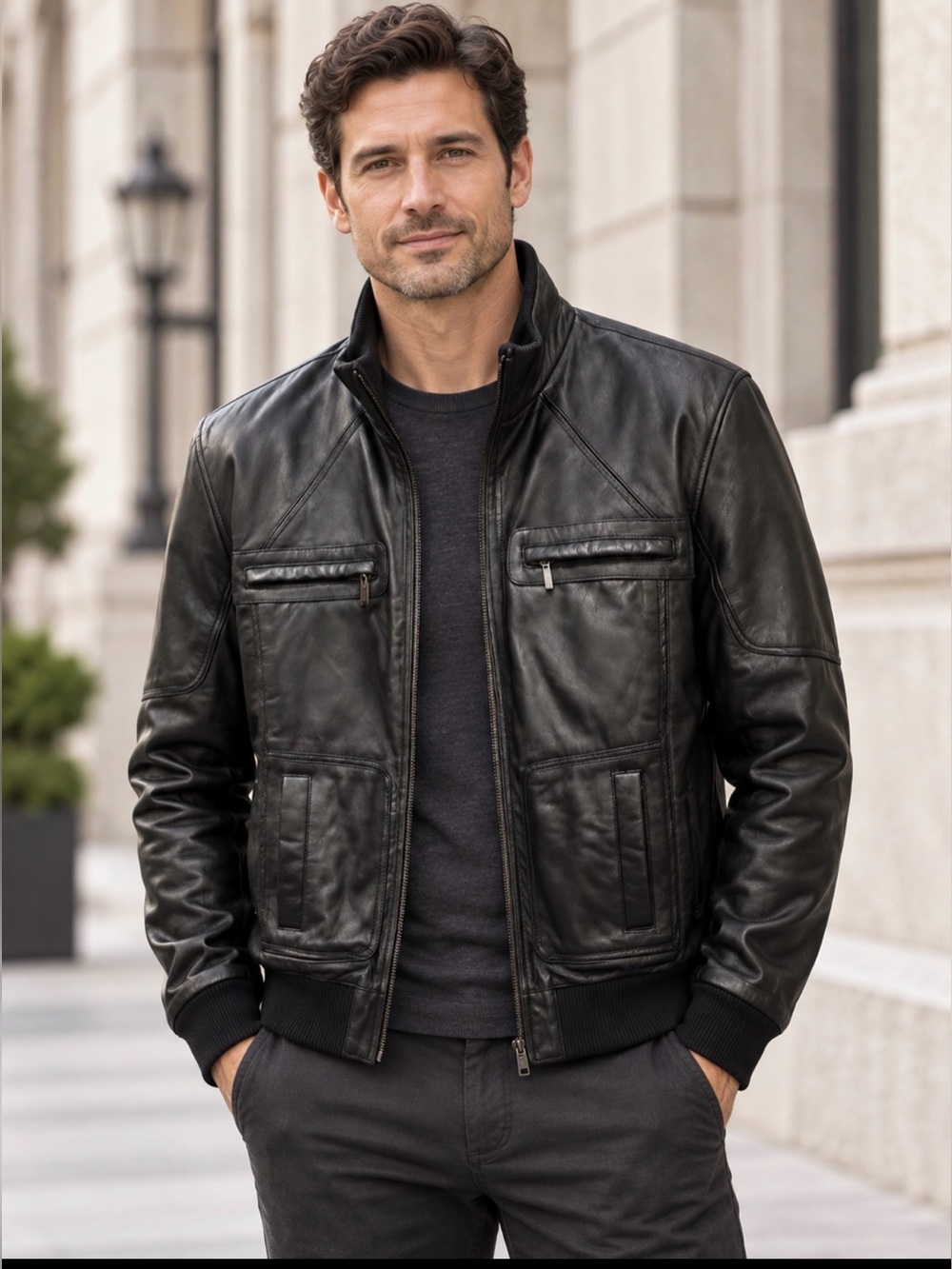 Fams Italian made leather bomber biker jacket with ribbed cuffs size L
